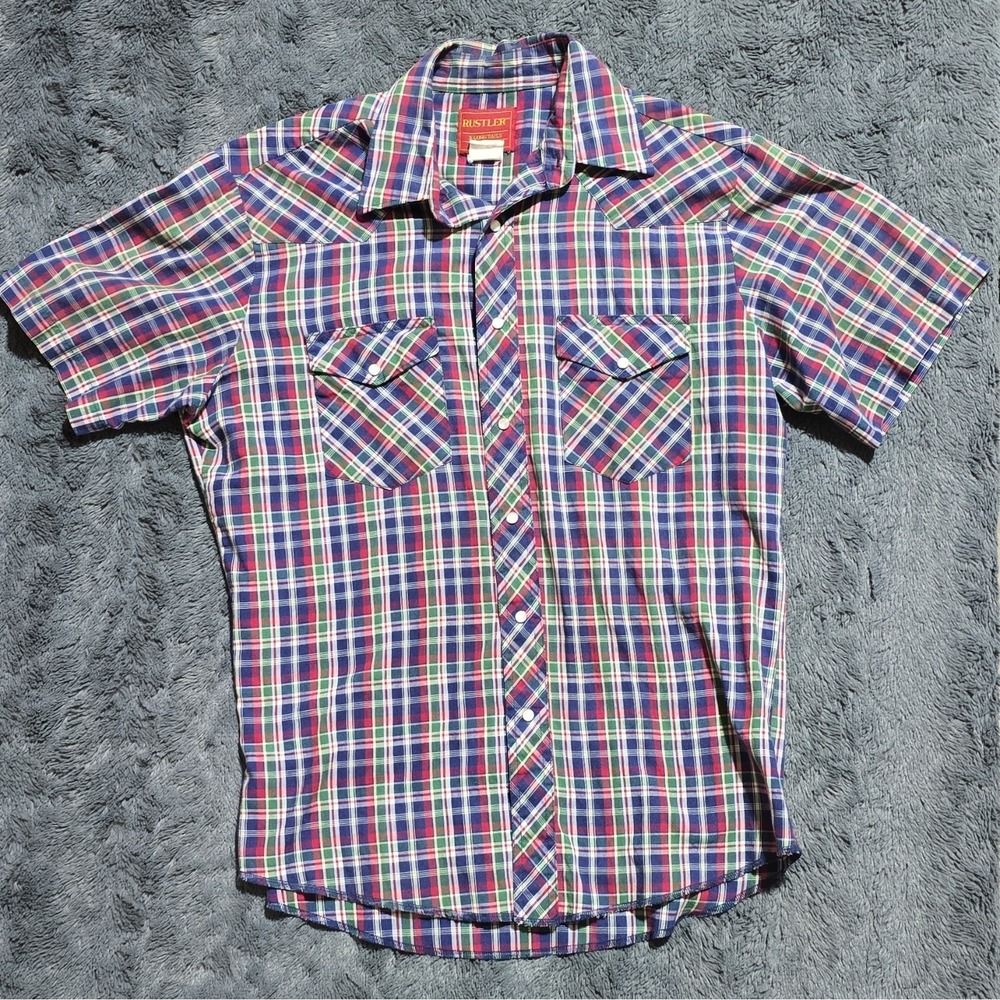 Rustler Men's Plaid Short Sleeve vintage pearl snap. Shirt Size M Regular